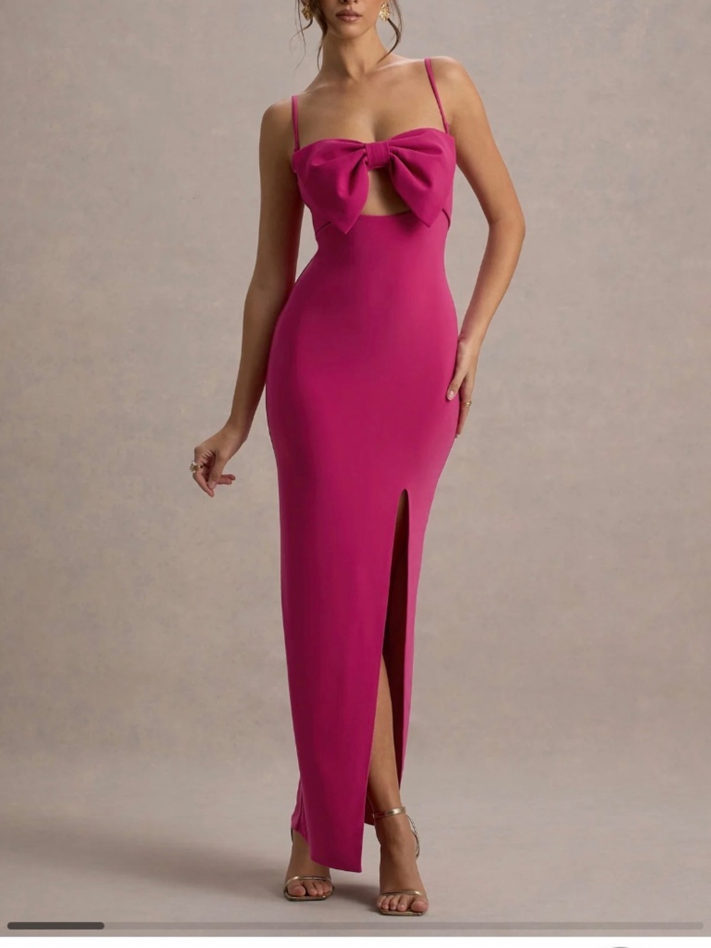 Club London EMMALOU Hot Pink Strappy Split Maxi Dress With Bow